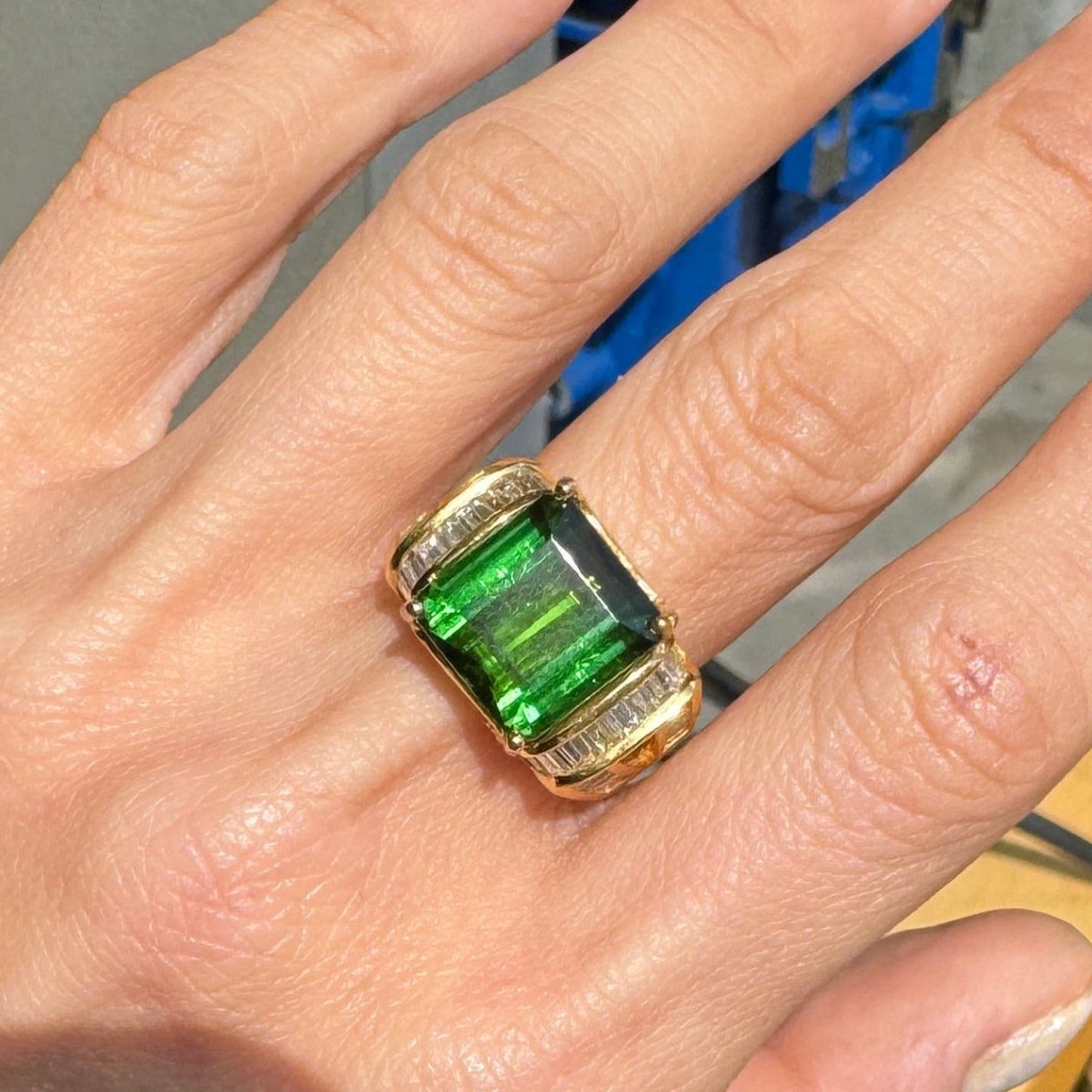 Tourmaline Emerald Cut Diamond Cocktail Ring Vintage 18k Green
