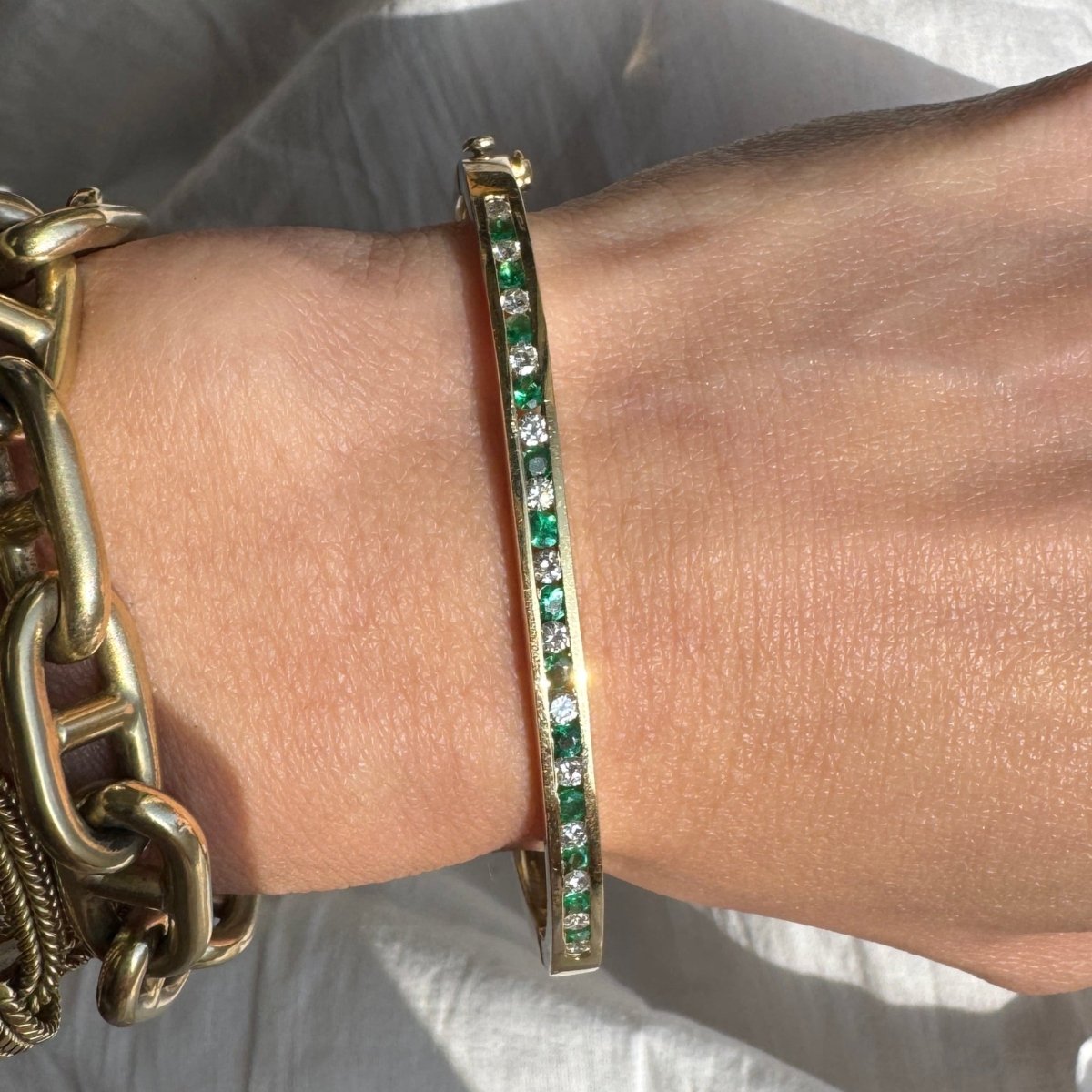 Vintage 14k Emerald + Diamond Bangle - AURORO