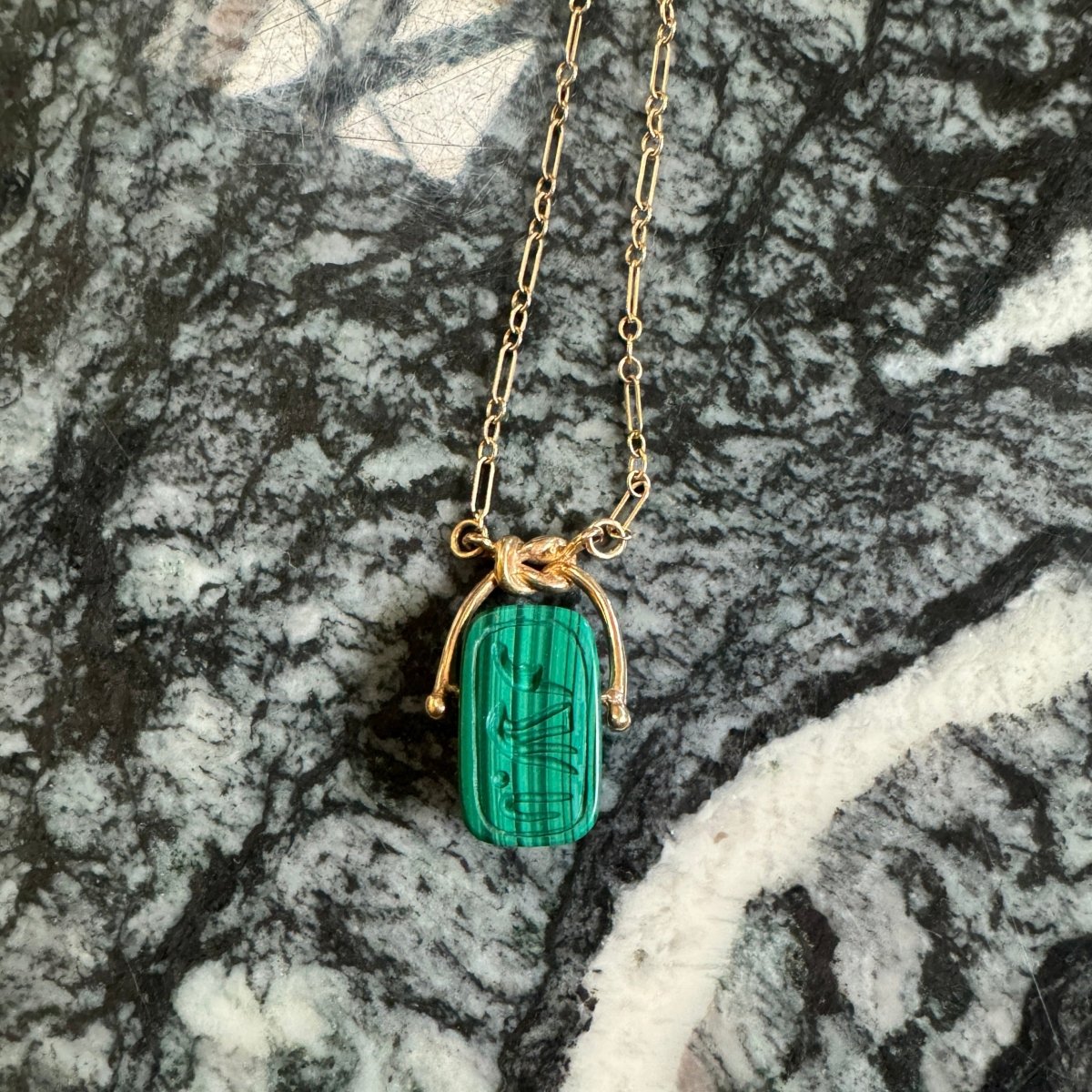 Vintage 14k Malachite Scarab Necklace - AURORO