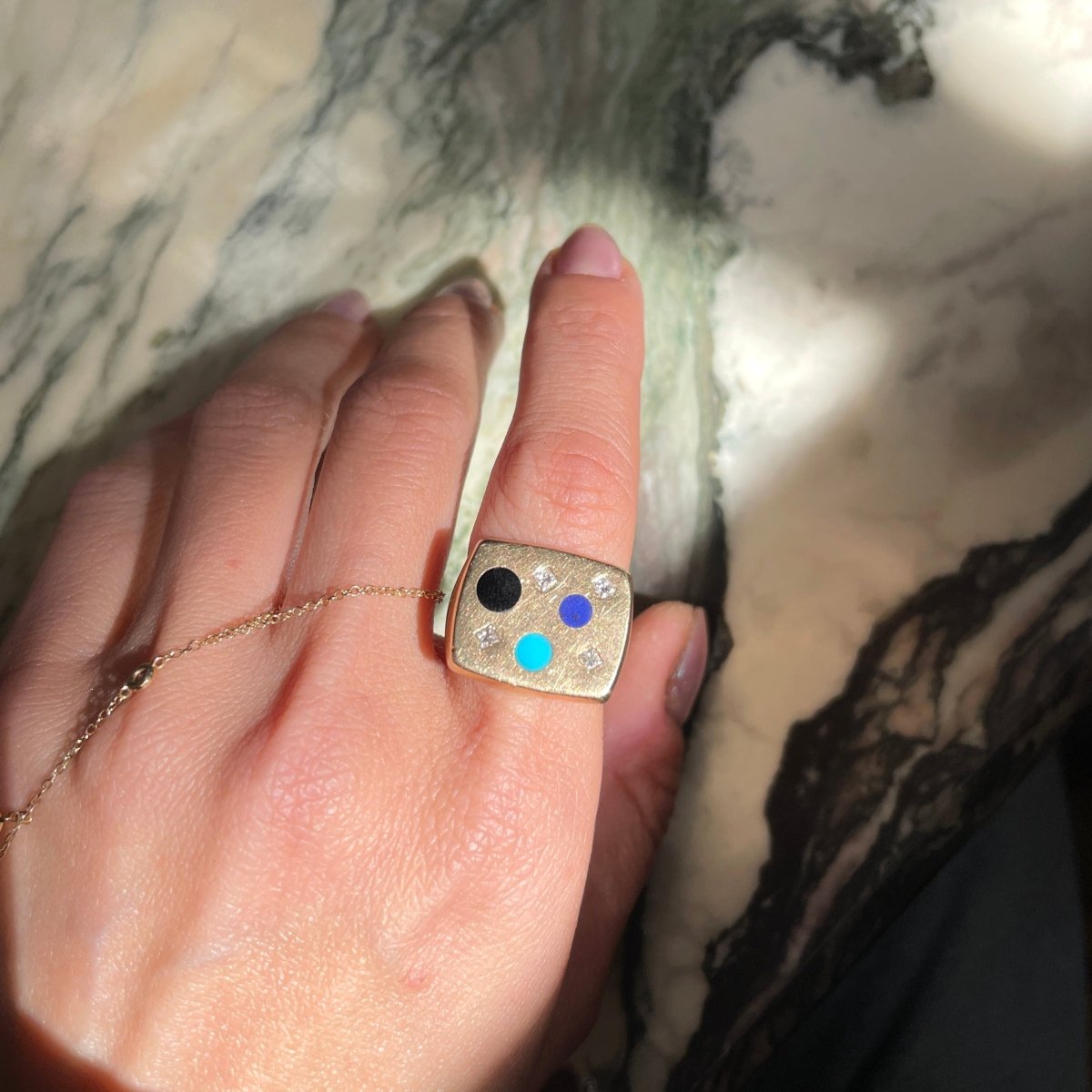 Vintage 14k Inlaid Dot + Diamond Signet Ring - AURORO